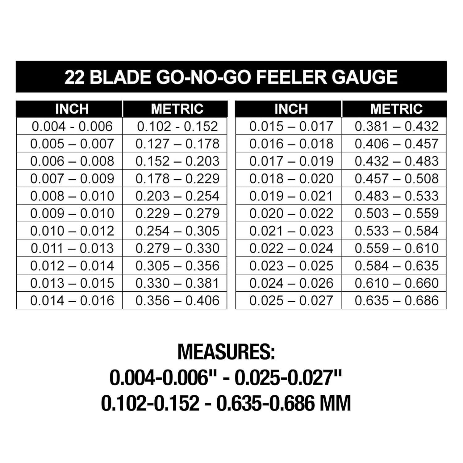 OEM TOOLS Feeler Gauge 22 Blades Go-No-Go .004-.006″ To .025″-.027″ 25024