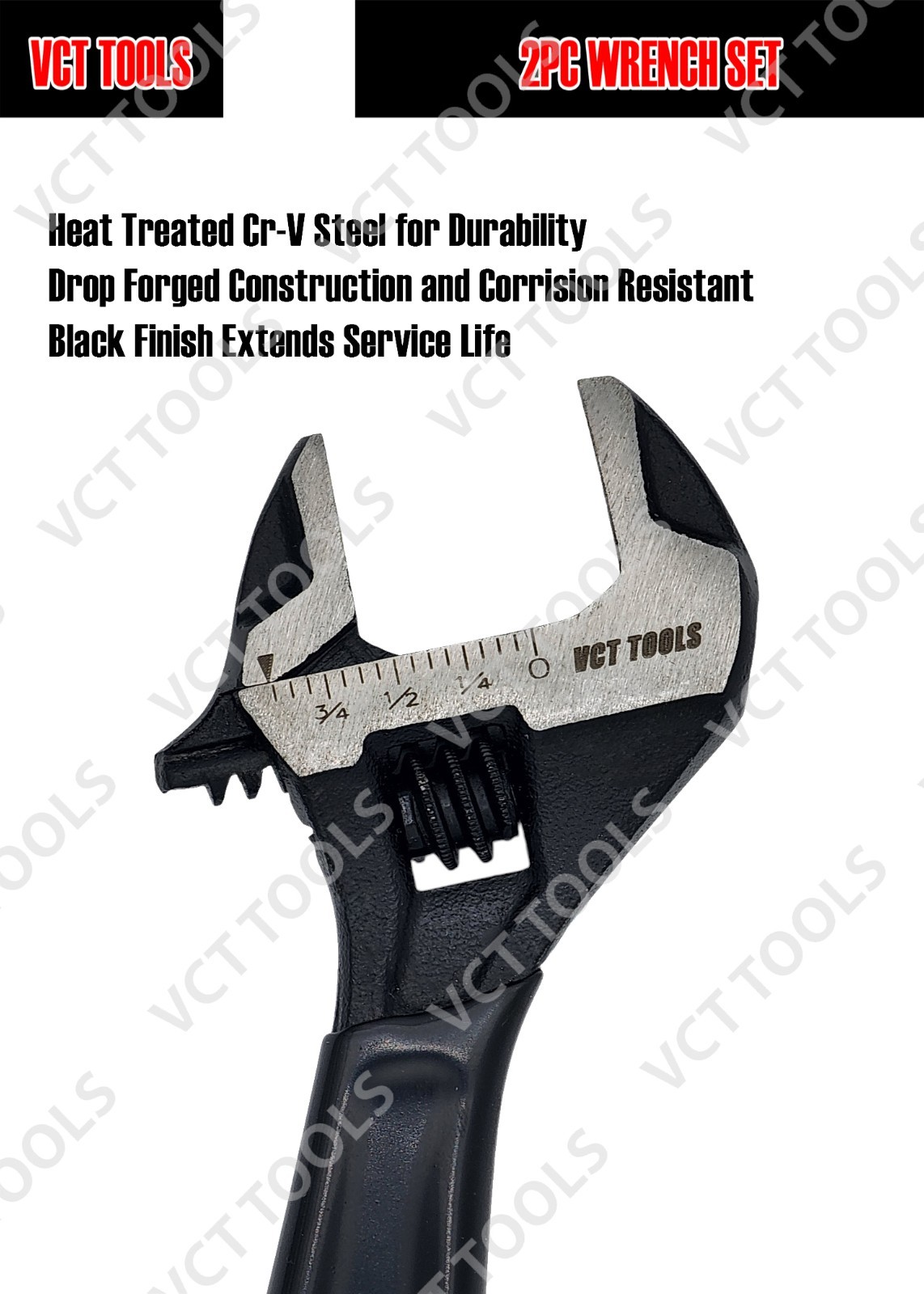 2PC Wide Jaw Adjustable Wrench Set 6″ & 10″ Metric & SAE Heavy-Duty Steel