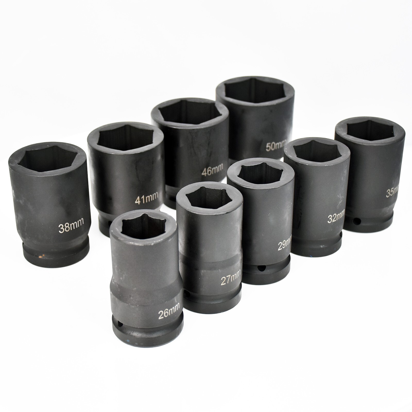 Impact Socket Set: Drive Size 1″, 9 Pieces, 26/27mm,29/32/35/38/41/46/50mm JumBo