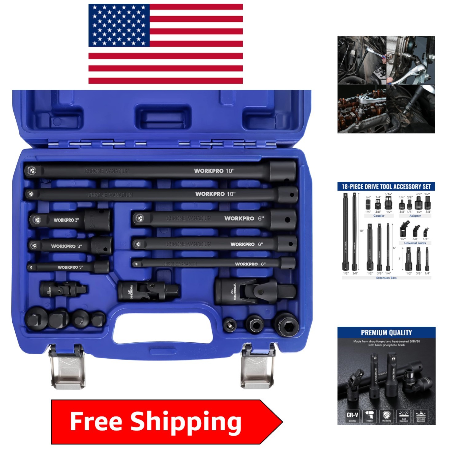 18-Piece Chrome-Vanadium Impact Socket Extension Set for Exceptional Durability