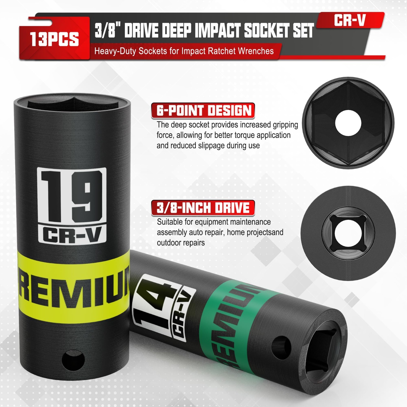 13-Piece 3/8″ Drive Deep Impact Socket Set, 7-19mm, Heavy-Duty CR-V, 6 Point, Au