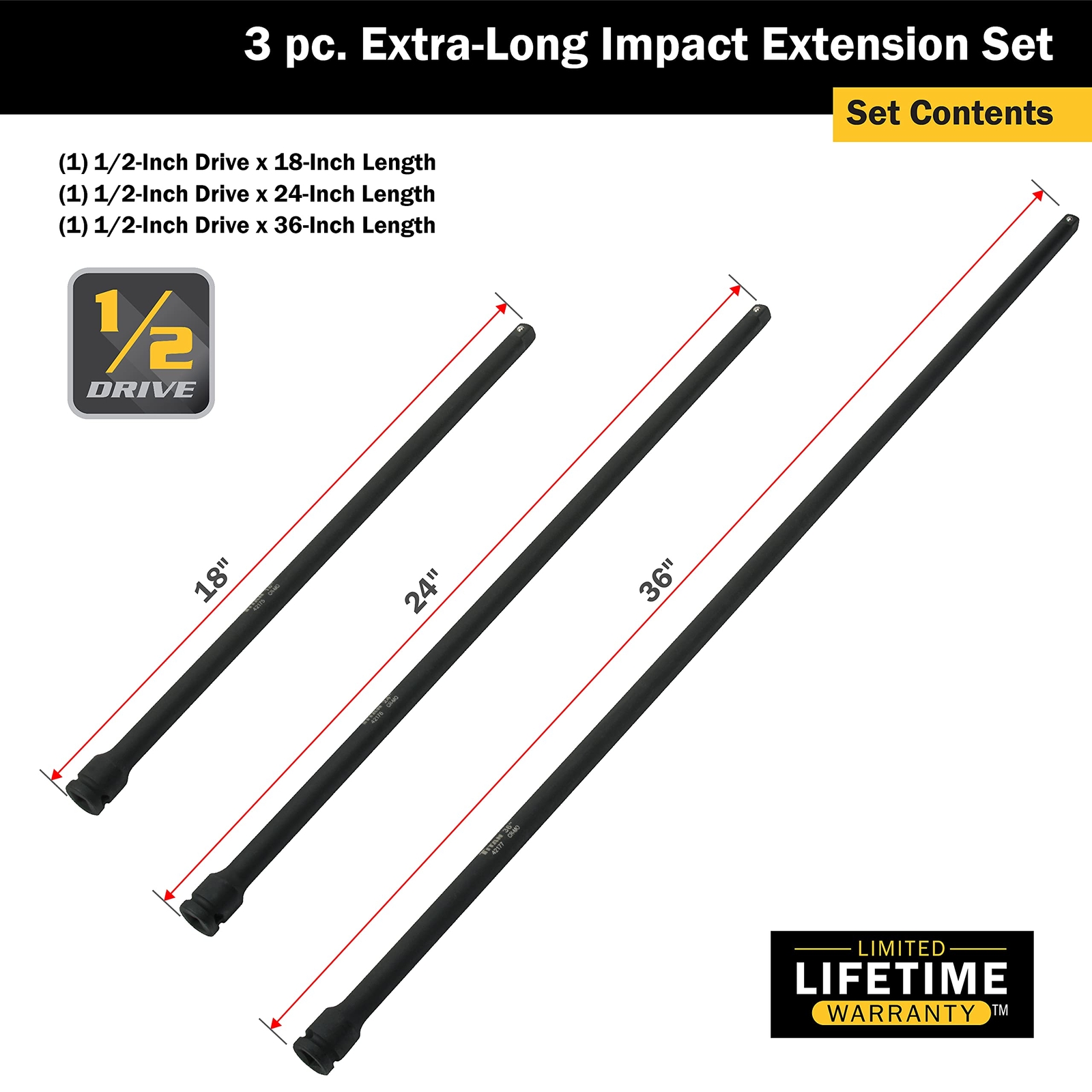 Titan Tools 3 pc. 1/2 in. Drive Extra-Long Impact Extension Set (42173)