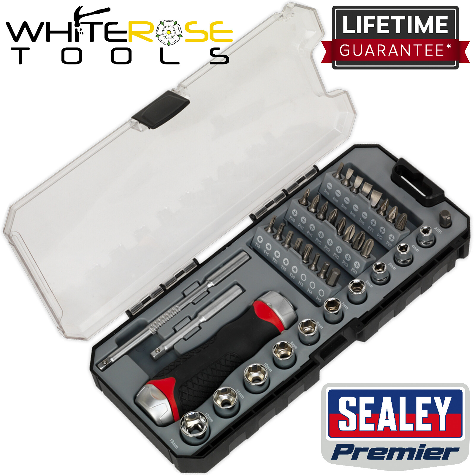 Sealey Ratchet Screwdriver Socket Bit Set Accessory 38pc Fine Tooth Premier