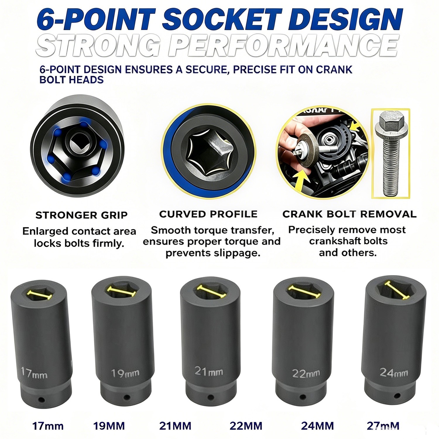 6 Pack 1/2 Drive Deep Impact Socket Set Crank Bolt 17mm 19mm 21mm 22mm 24mm 27mm