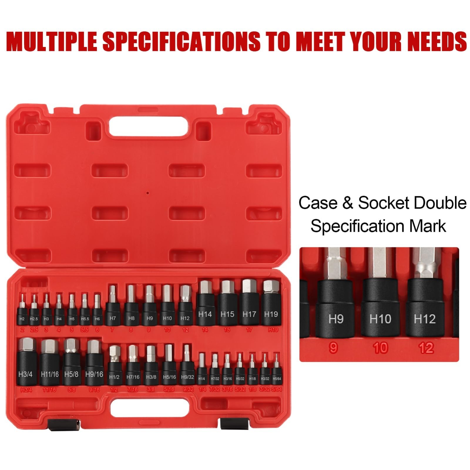 32-Piece Hex Impact Bit Socket Set, SAE & Metric, 1/4″ 3/8″ 1/2″ Drives, S2 Stee