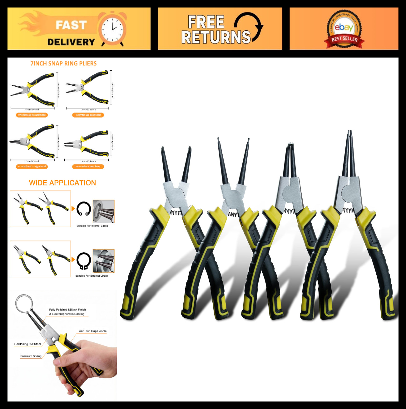 4 Pcs 7-Inch Snap Ring Pliers Set – Heavy Duty Circlip Tool Kit for Internal/Ext