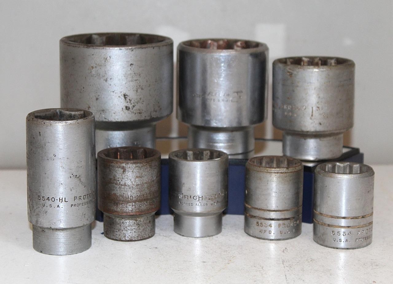 8pc Lot Heavy Duty 3/4 1″ Dr Sockets Proto Wright Fleet NBM USA 1-1/8″ to 2-3/8″