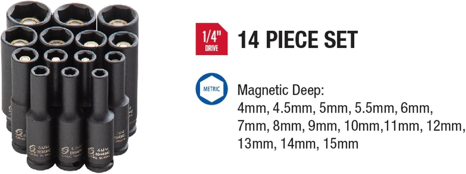 14-Piece Metric Deep Impact Socket Set 1/4″ Drive Cr-Mo Steel Magnetic
