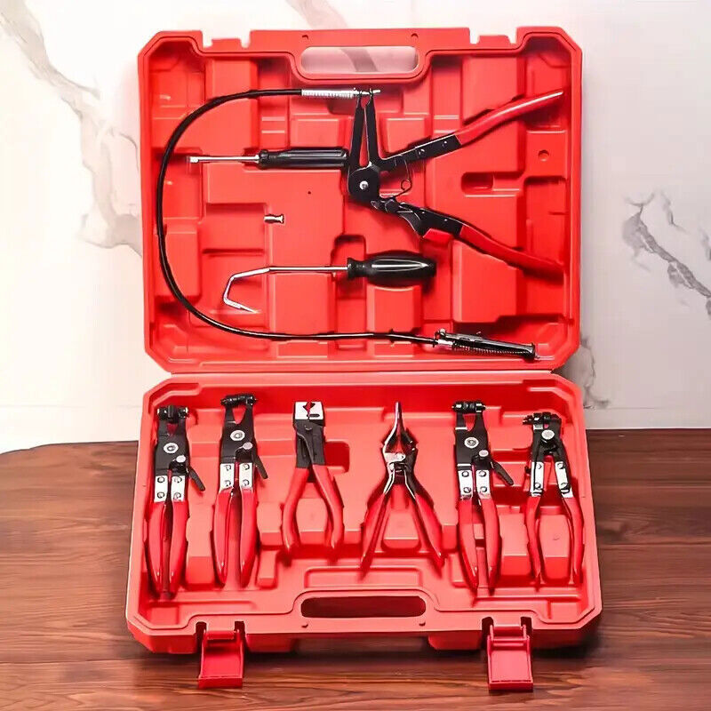 9-Piece Hose Clamp Pliers Kit Clip Remove Set Swivel Jaw Flat Angled Automotive
