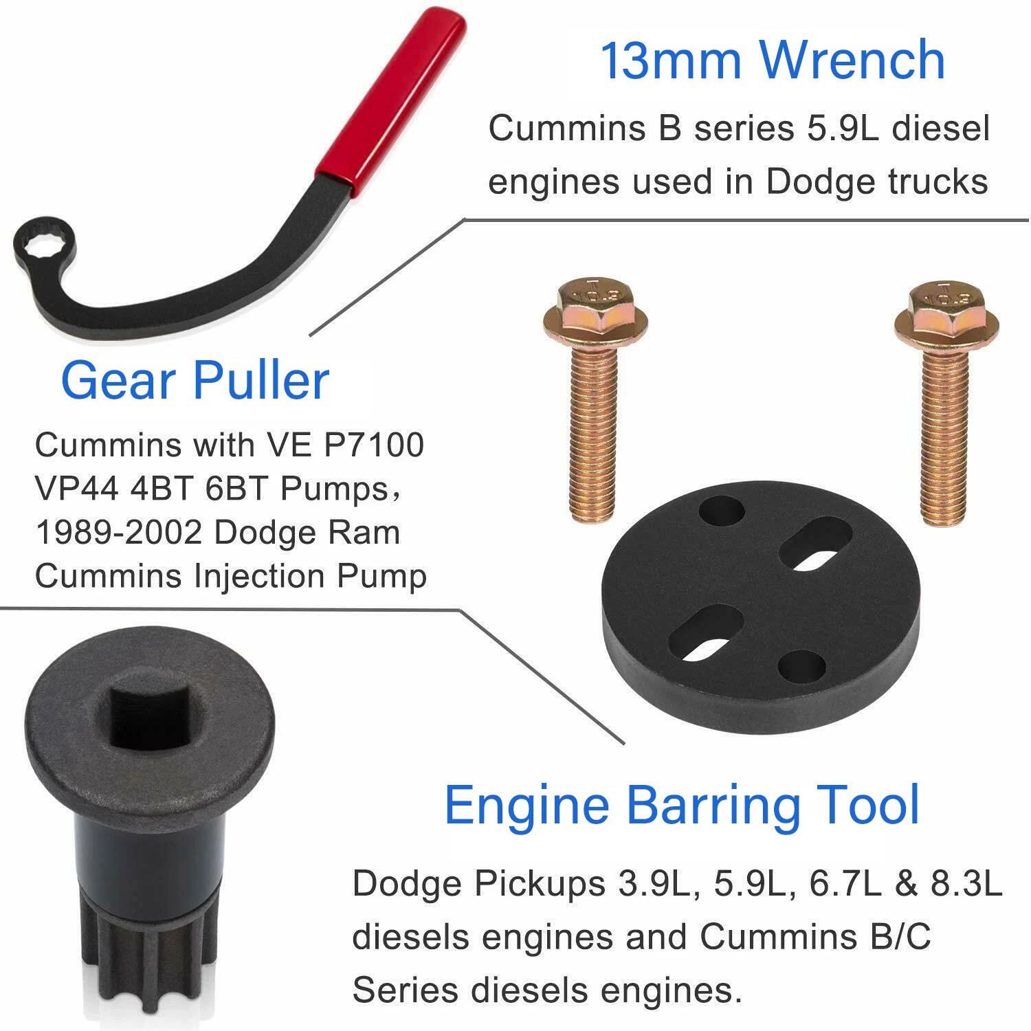 13mm Idle Lock Nut Wrench+Gear Puller+Engine Barring Tool Sets for Dodge Cummins