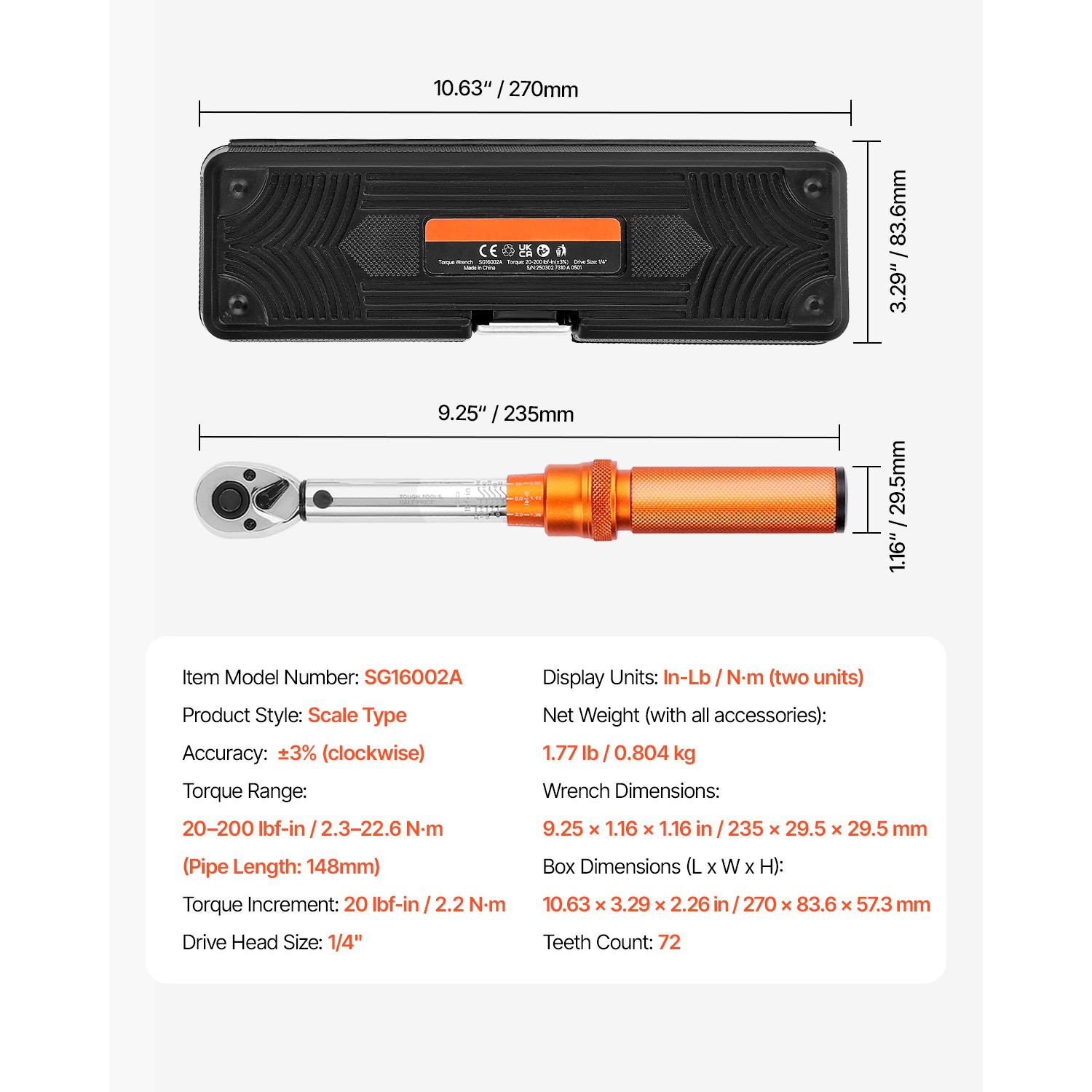Uimoso 1/4 Inch Drive Torque Wrench Set, 20-200 lbf-in, 2.3-22.6 N.m, 72-Tooth