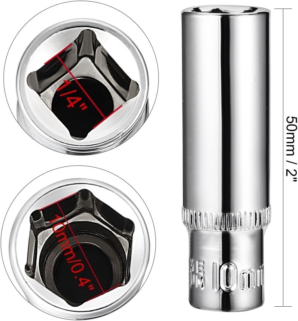 4 Pcs 1/4″ Drive 10mm 6-Point Deep Socket DIY Repair Tools Metric Cr-V