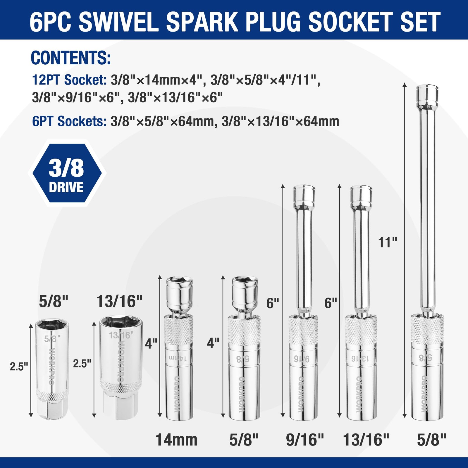 7PCS Magnetic Swivel Spark Plug Socket Set, Include 9/16 inch, 5/8″, 13/16″ 14mm
