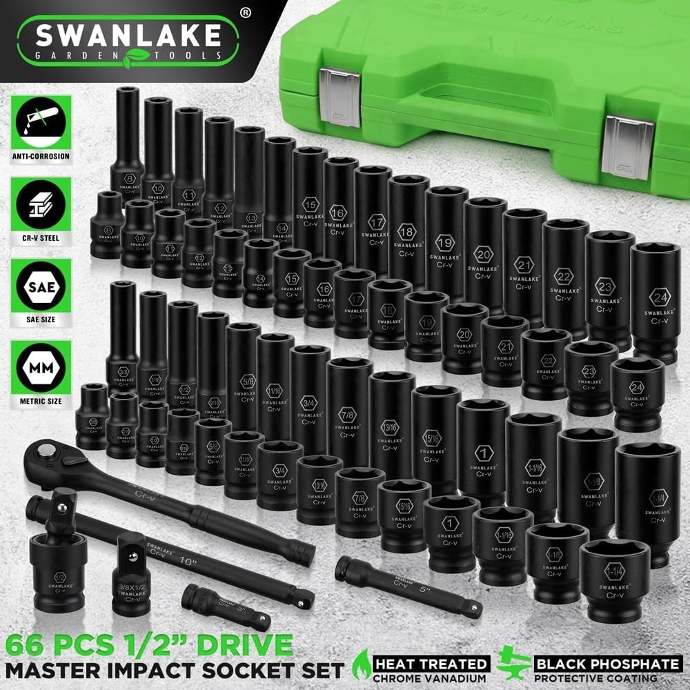 SWANLAKE 66-Piece Impact Socket Set – Robust CR-V Construction & Organization