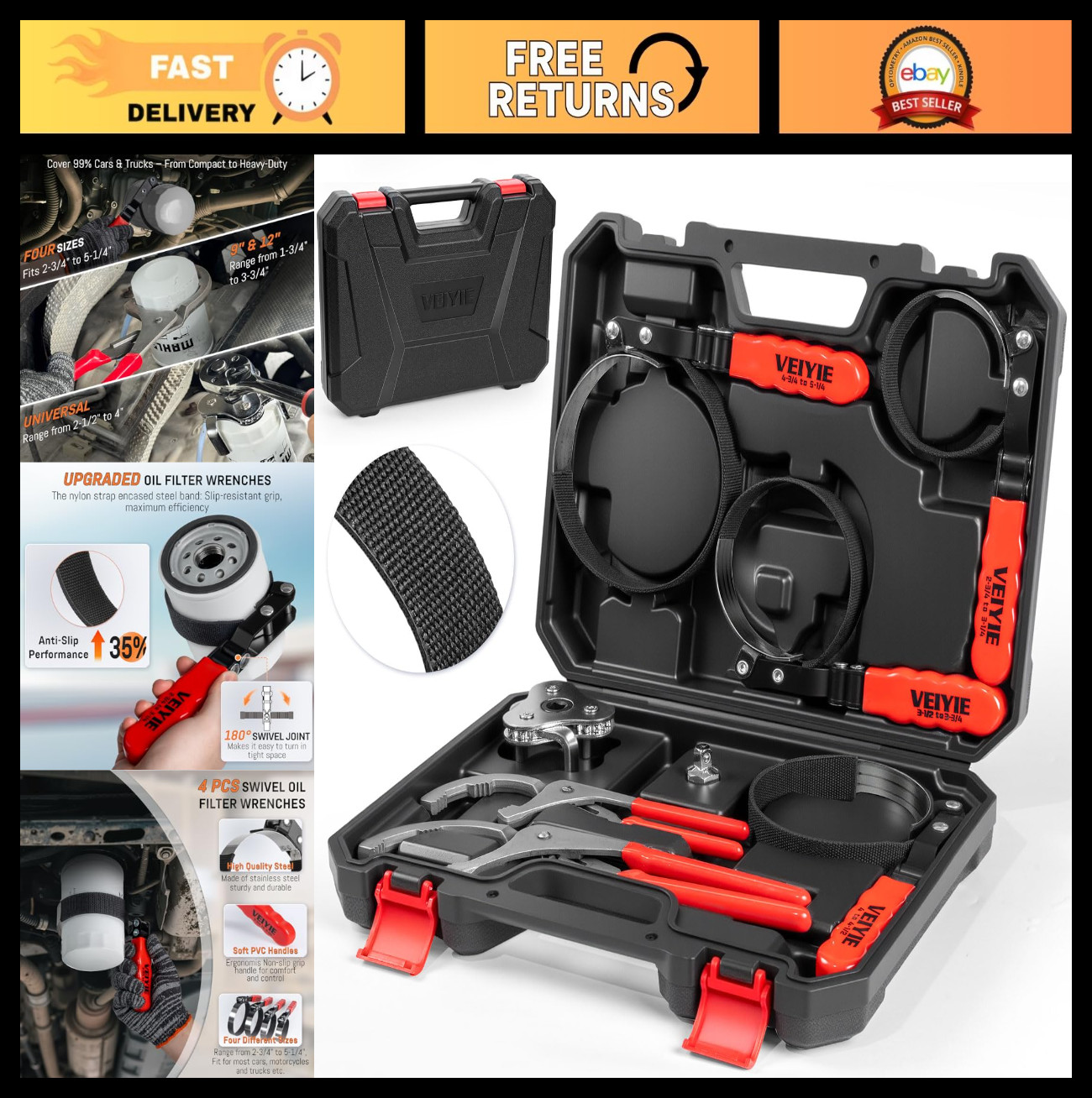8-Piece Adjustable Oil Filter Wrench Set, 3-Jaw Pliers & Tools for Car, Truck, M
