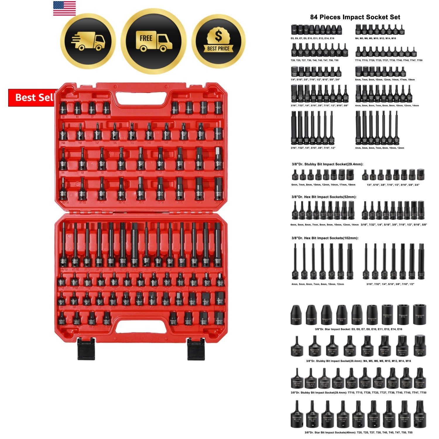 84 Pieces 3/8″ Dr. Master Hex & Torx Bit Impact Socket Set, CR-MO, SAE/Metric…