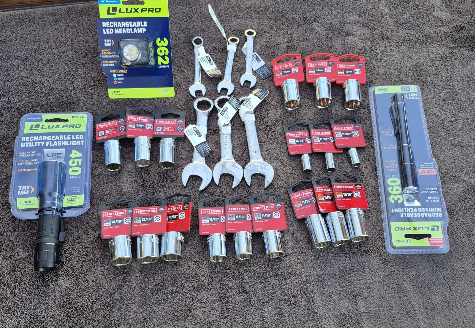 Lot of 24 Pcs CRAFTSMAN Shallow Socket And 3 Pcs Of Rechargeable Led Headlamp