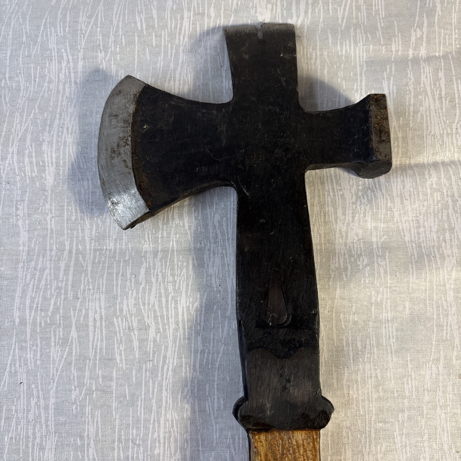 Hammer, Axe, Pry Bar With Black Blade And A Glossy Wooden Handle.
