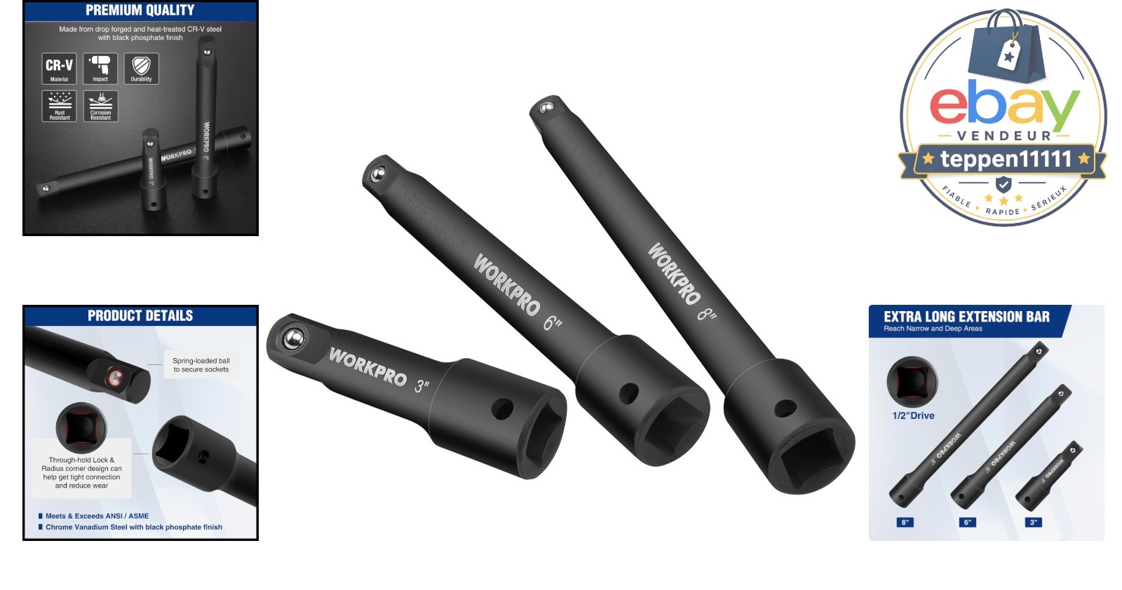 1/2″ Drive Impact Extension Bar Set, 3 PCS, 3″, 6″, 8″ Length