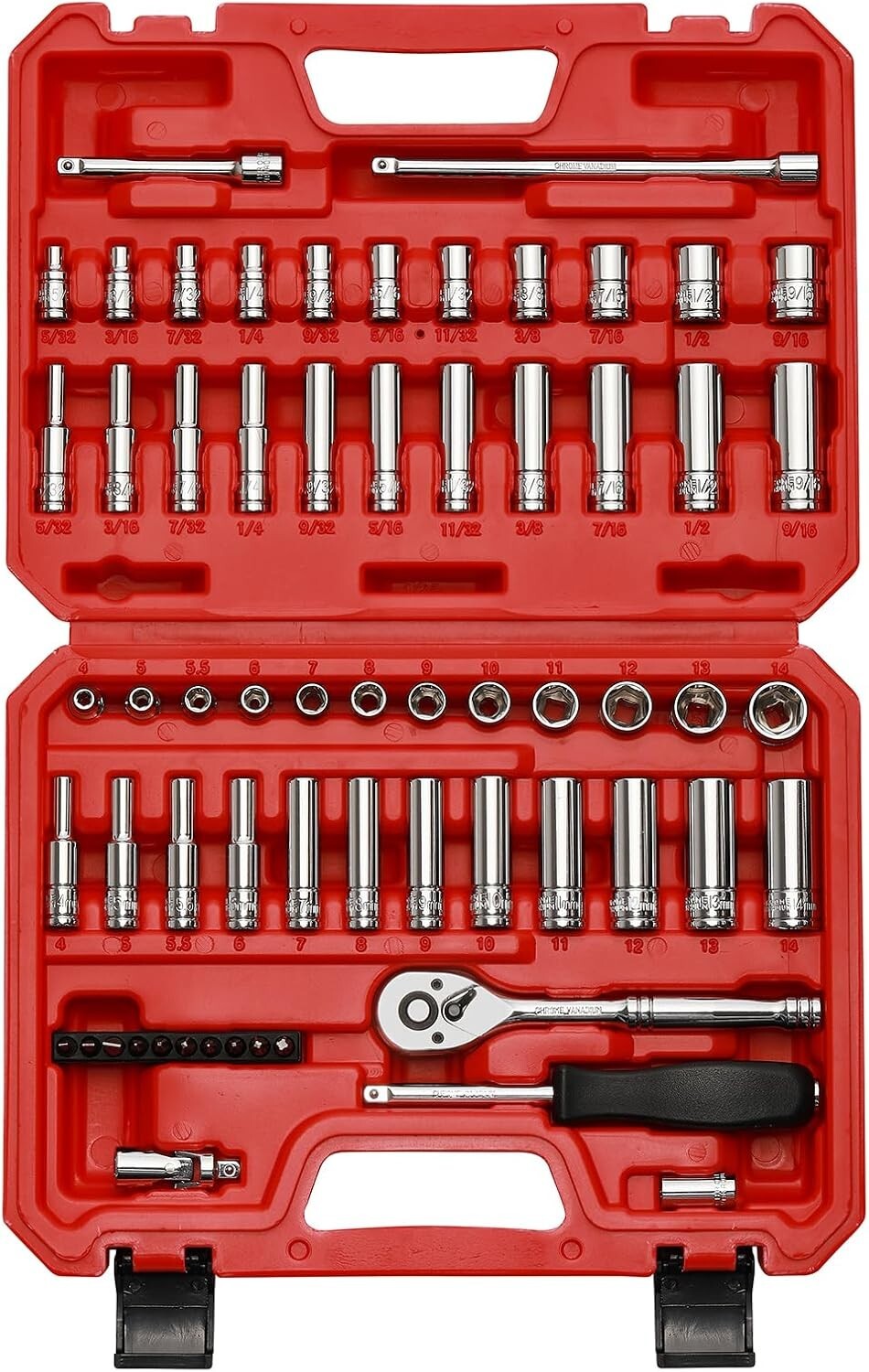 62pcs 1/4 Inch Drive Master Socket Set with Ratchets Adapters 4 mm-14 mm 6 Point