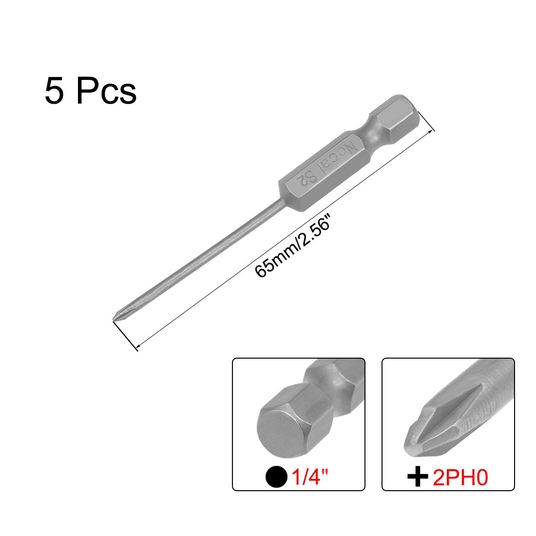 5pcs Phillips Bits 1/4-Inch Hex Shank 65mm Length 2PH0 Magnetic Screw Driver