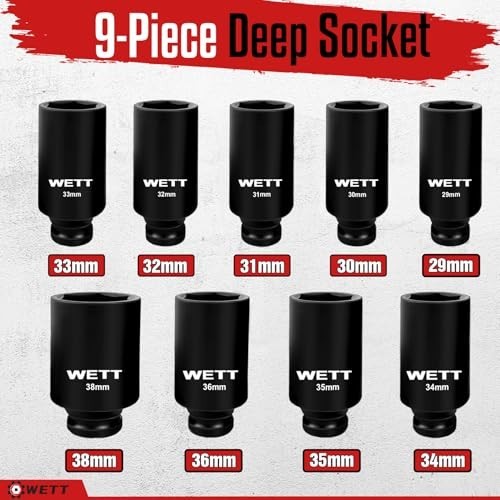 9-Piece 1/2″ Drive Deep Impact Socket Set, Metric 6 Point, 29mm-38mm, CR-V