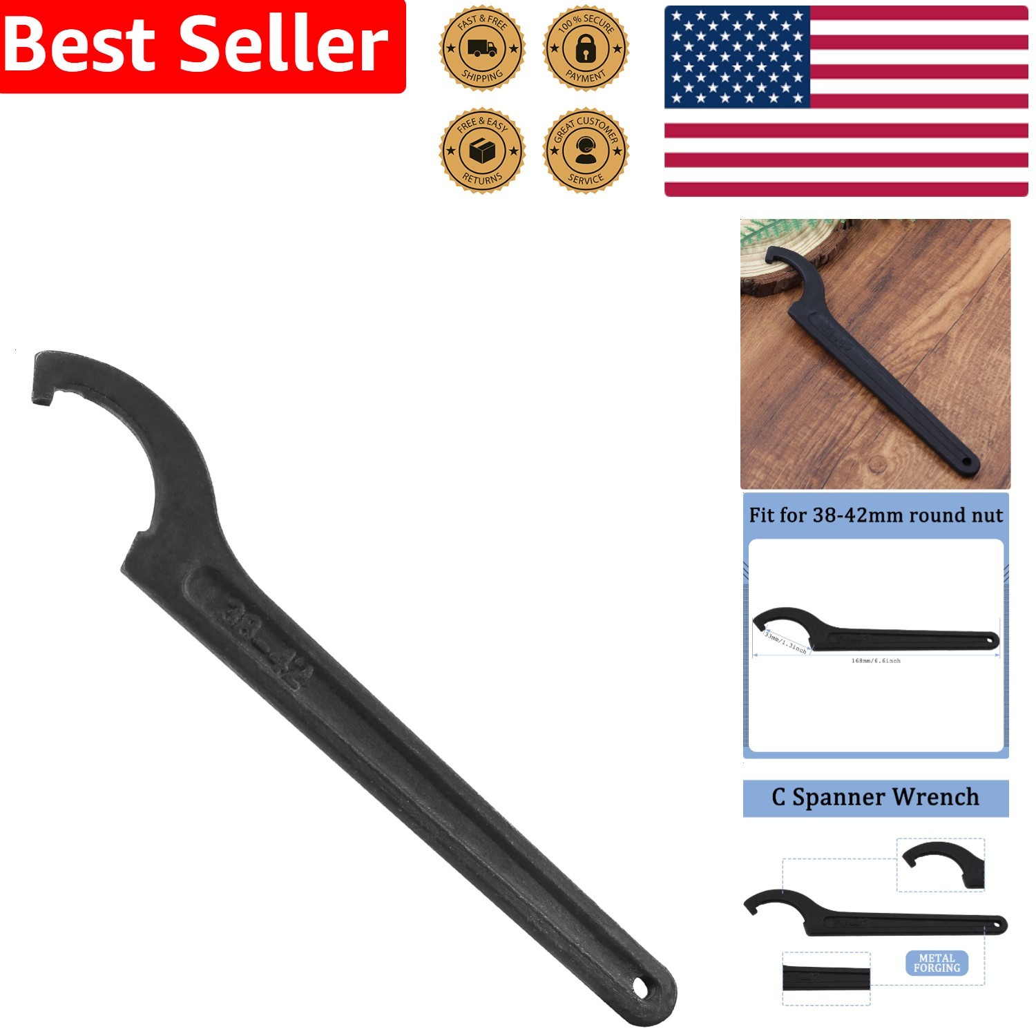 Spanner Wrench C Hook Black Adjustable 38-42mm Carbon Steel Heavy Duty Repair