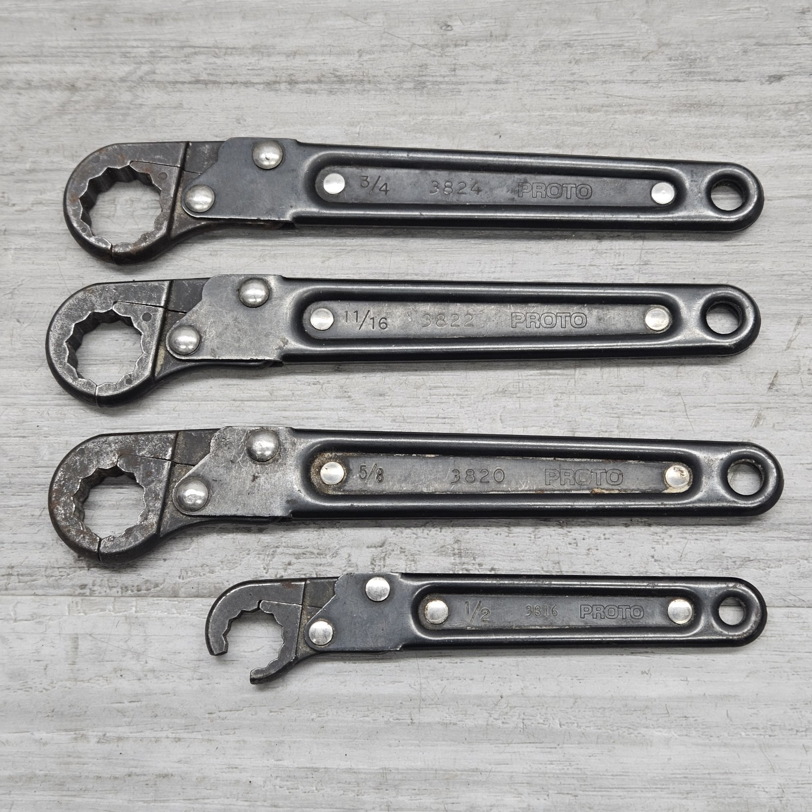 PROTO Ratcheting Box End Wrench Set SAE 4 Pc USA Made Reversible Offset READ