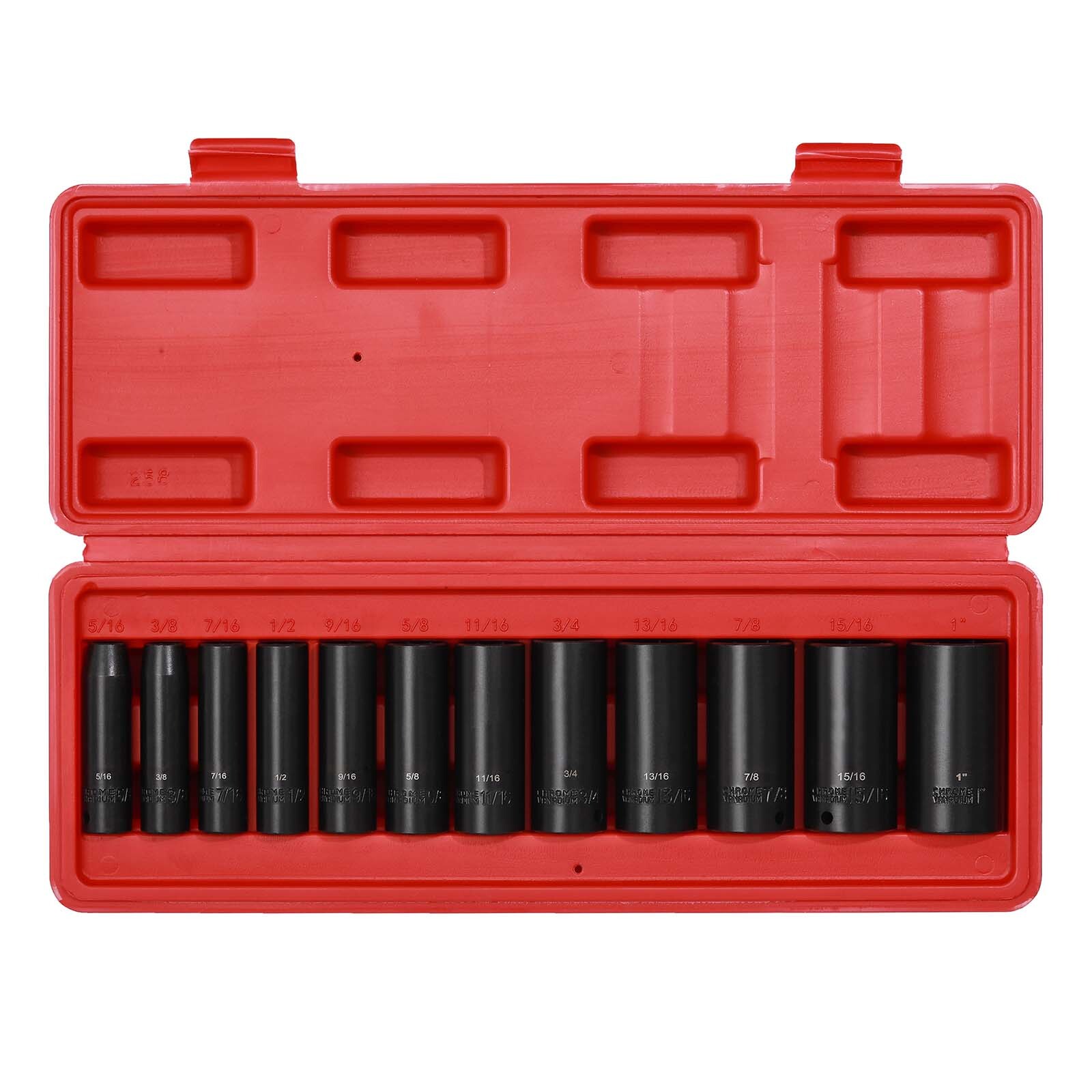 12 Pcs 3/8-Inch Drive Impact Socket Set 6-Point SAE, Deep, CR-V, 5/16″ to 1″,