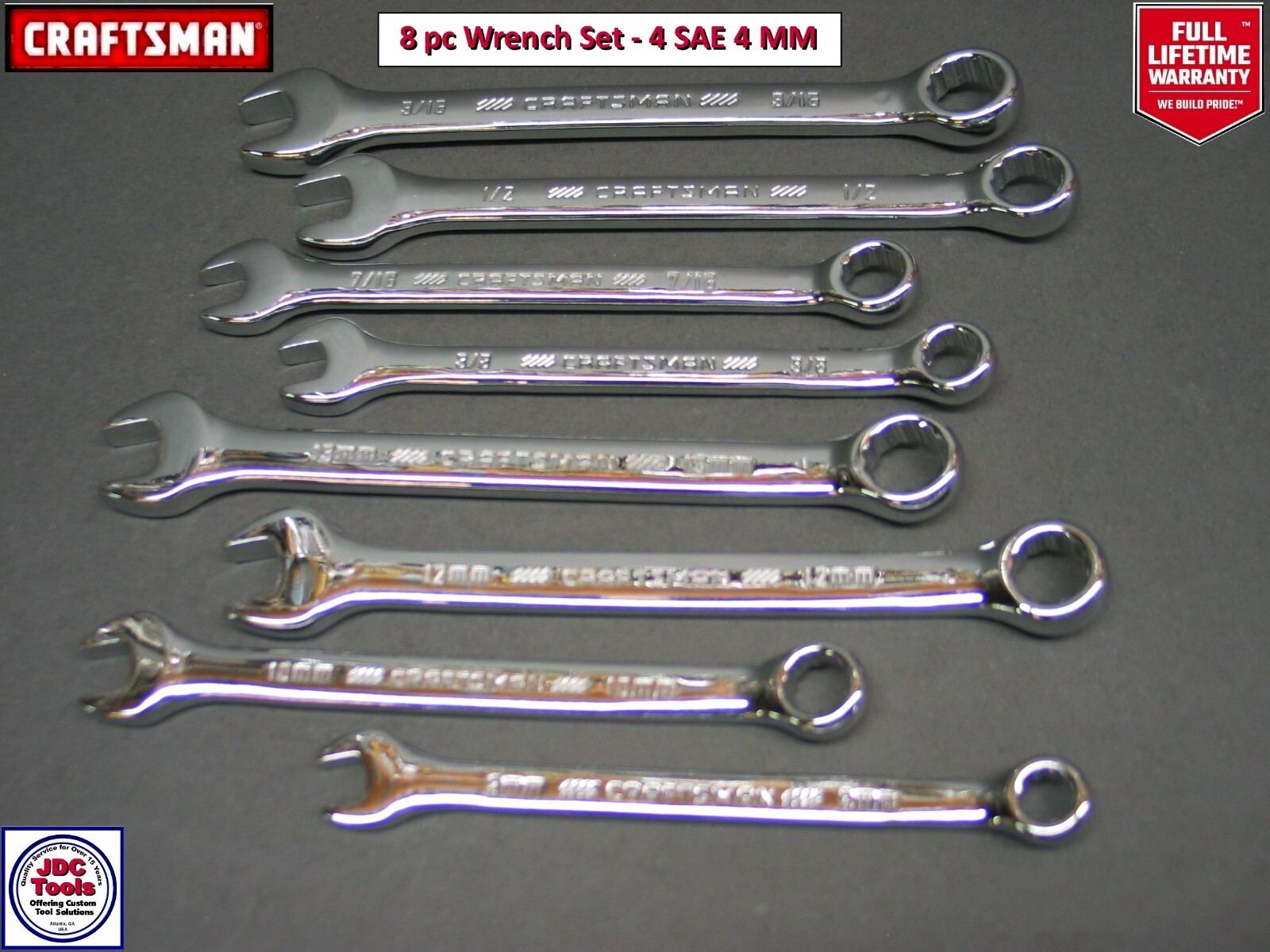 CRAFTSMAN TOOLS 8 pc POLISHED Chrome SAE & METRIC 12pt Combination Wrench set