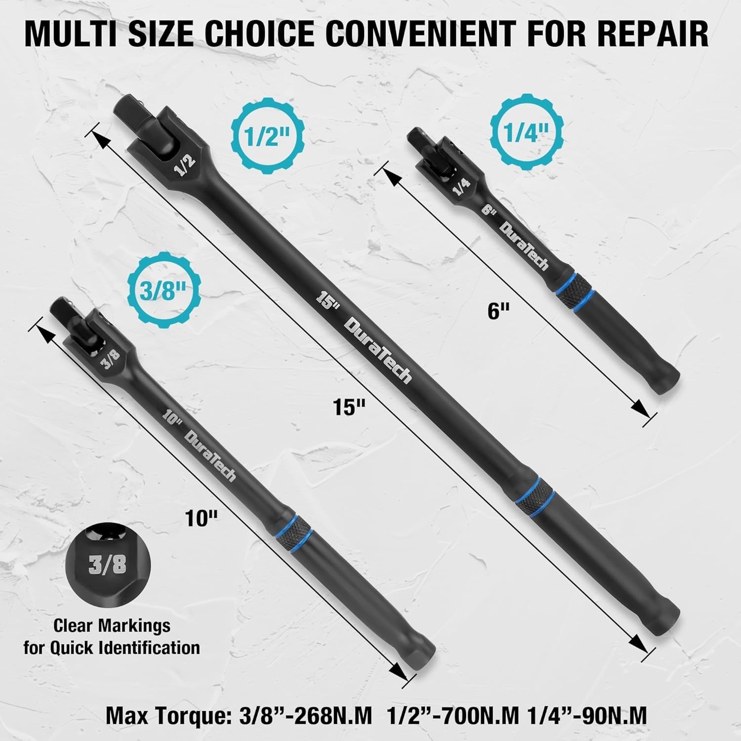 3PCS Breaker Bar Set 180 Degree Rotatable Head 15cm 25cm 38cm Length Alloy Steel