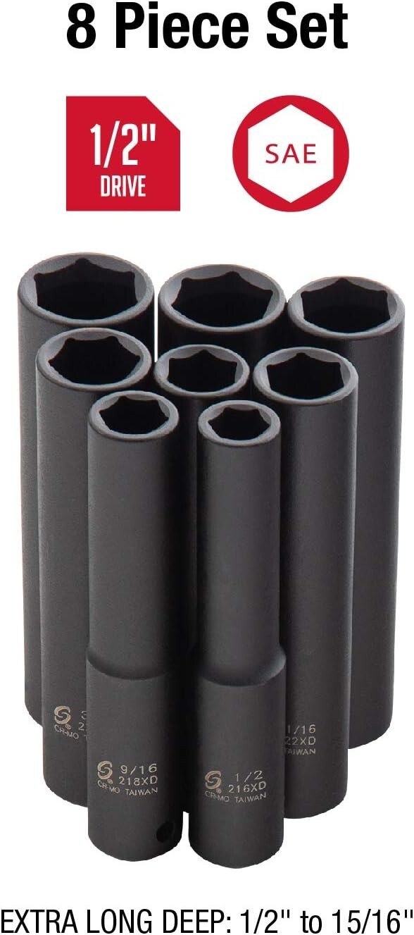 8-Piece SAE Impact Socket Set – Extra Long Deep CR-Mo Steel, Heavy-Duty Case