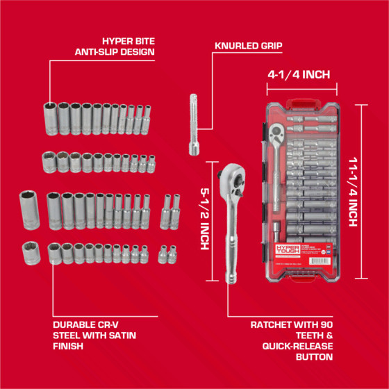 Hyper Tough 1/4-Inch Drive Ratchet and Socket Set, SAE and Metric, 50 Pieces