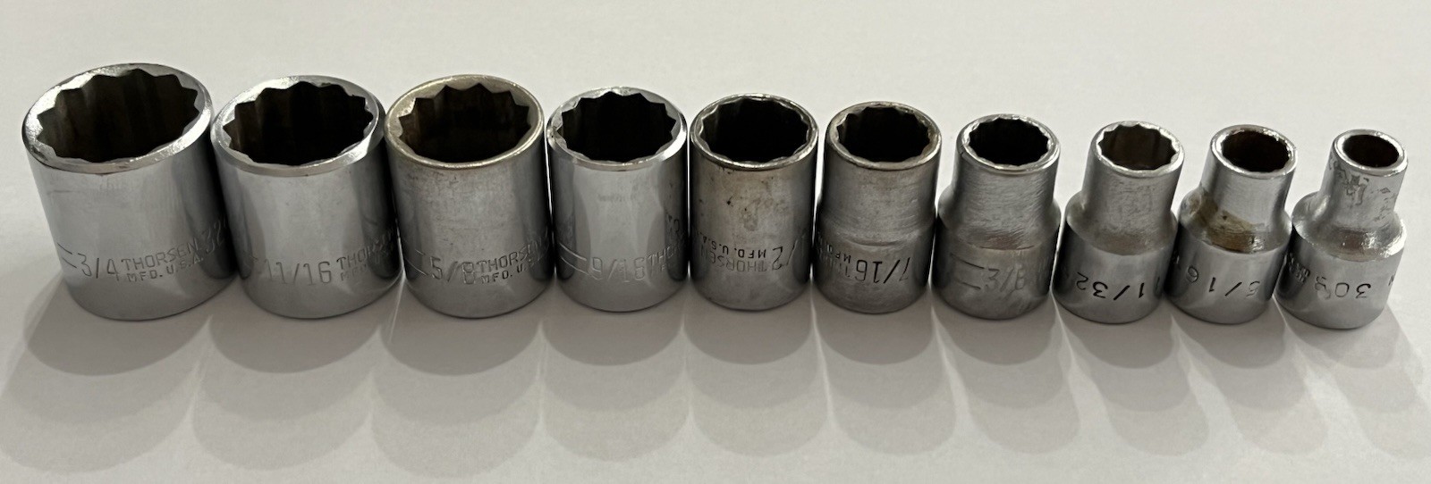 Thorsen 3/8” Drive 10pc SAE Sockets USA 3/4” Down To 1/4” 12 Point Shallow