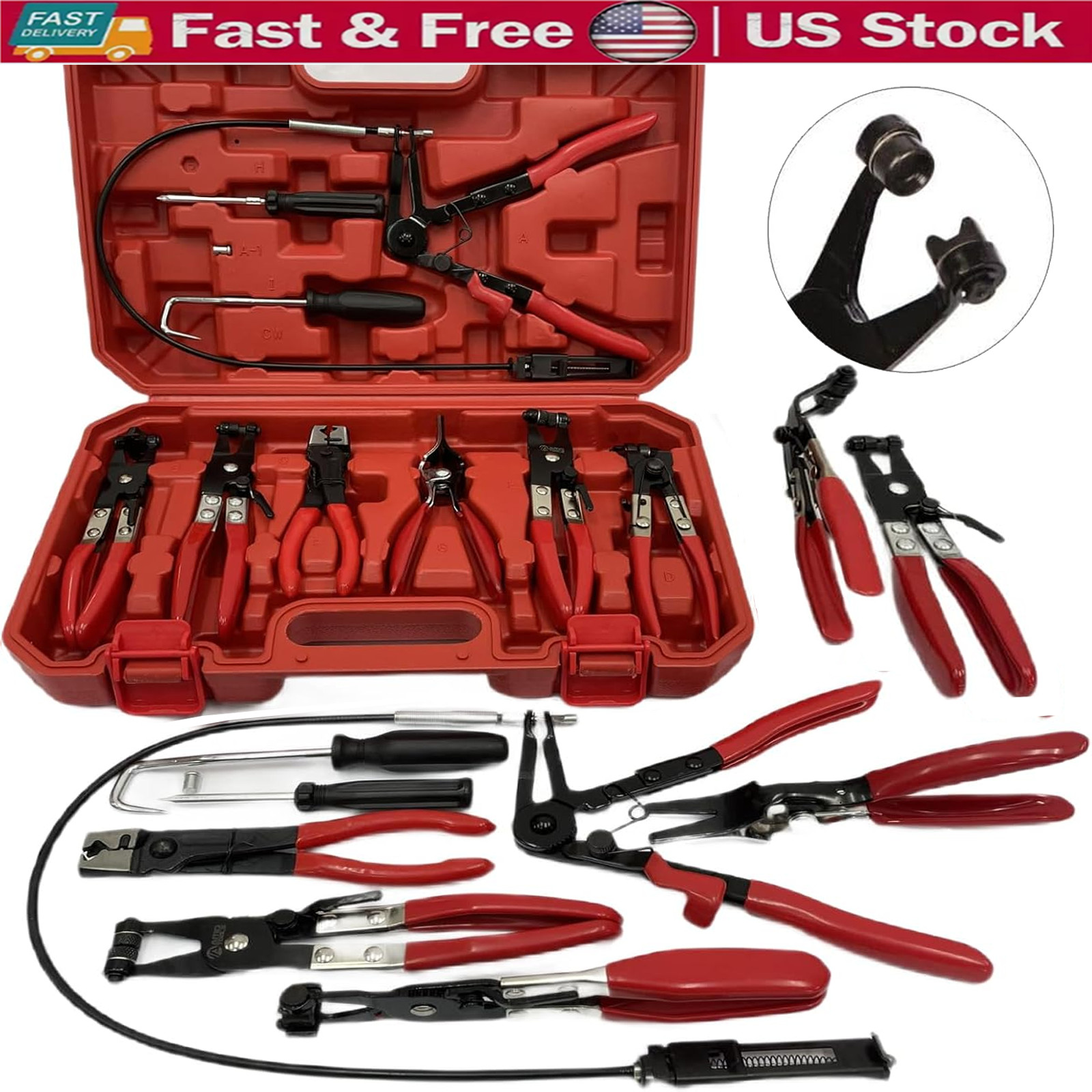 Hose Clamp Clip Remover Pliers Wire Long Reach Kit Fuel Oil Water Hose Tool 10Pc