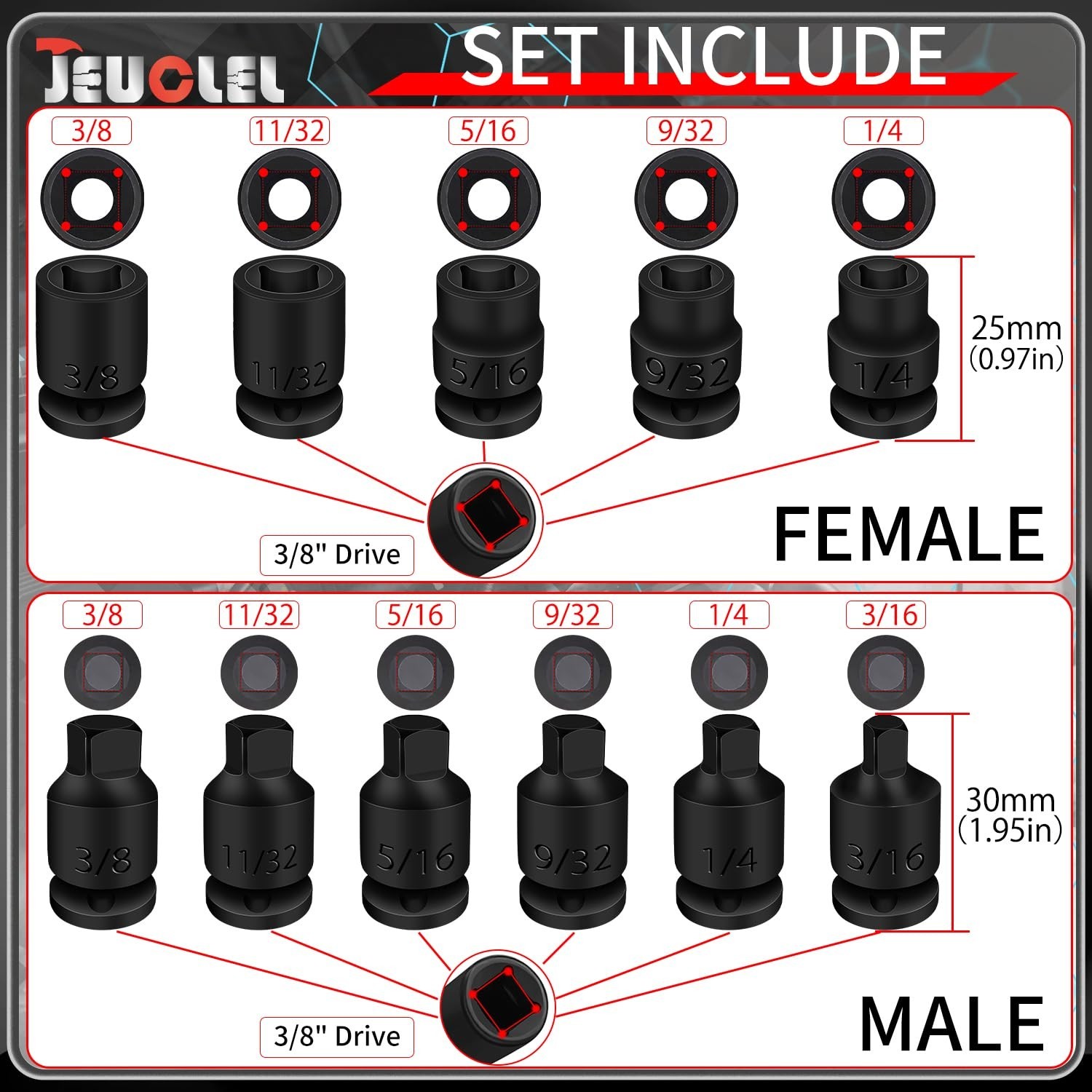 11PCS 3/8″ Drive Impact Socket Set, SAE Pipe Plug, Tapered & Chamfered Bits, CR-