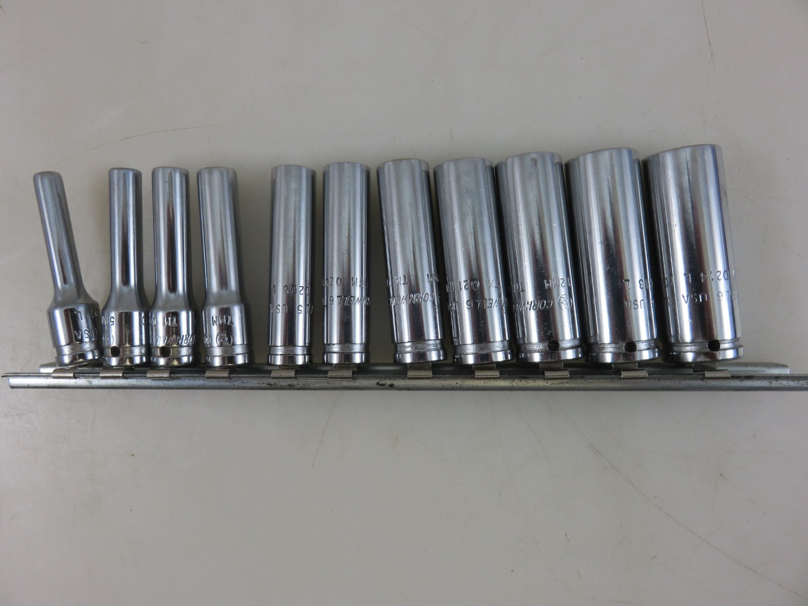Cornwell TM 1/4″dr. METRIC Deep Socket Set 4mm-14mm 6pt 11pc w/Rail Made In USA