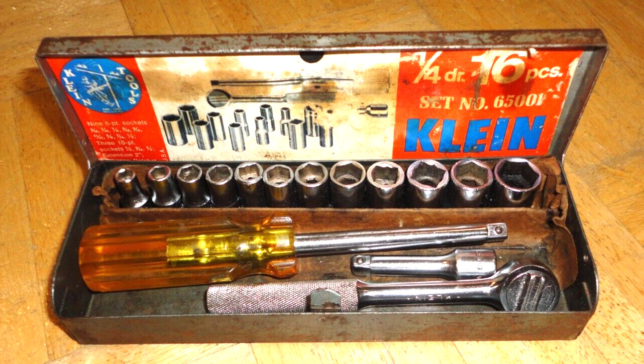 KLEIN TOOLS 16 PIECE 1/4 DRIVE GENERAL SERVICE SET 7 IN CASE 65001 VINTAGE 60’S