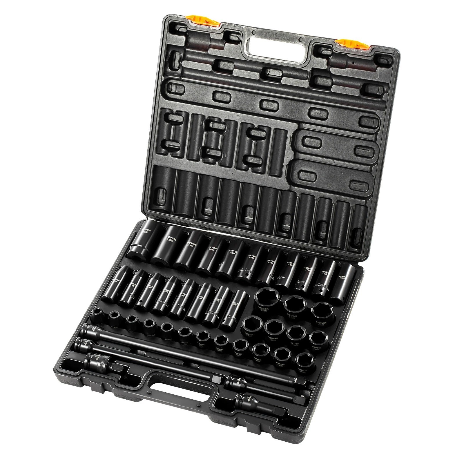 Impact Socket Set 1/2 Inch 43 Pcs Standard+Deep 9 to 30 MM 6-Point Extension Bar