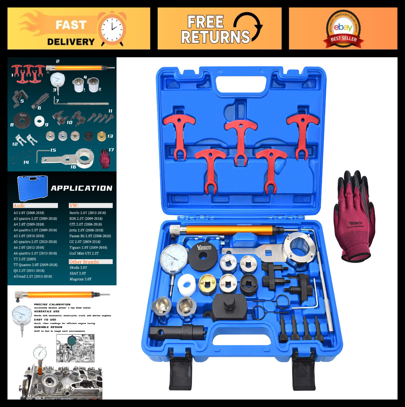 31PCS Engine Timing Tool Kit for Audi VW VAG EA888 1.8T 2.0T, Carry Case & Glove