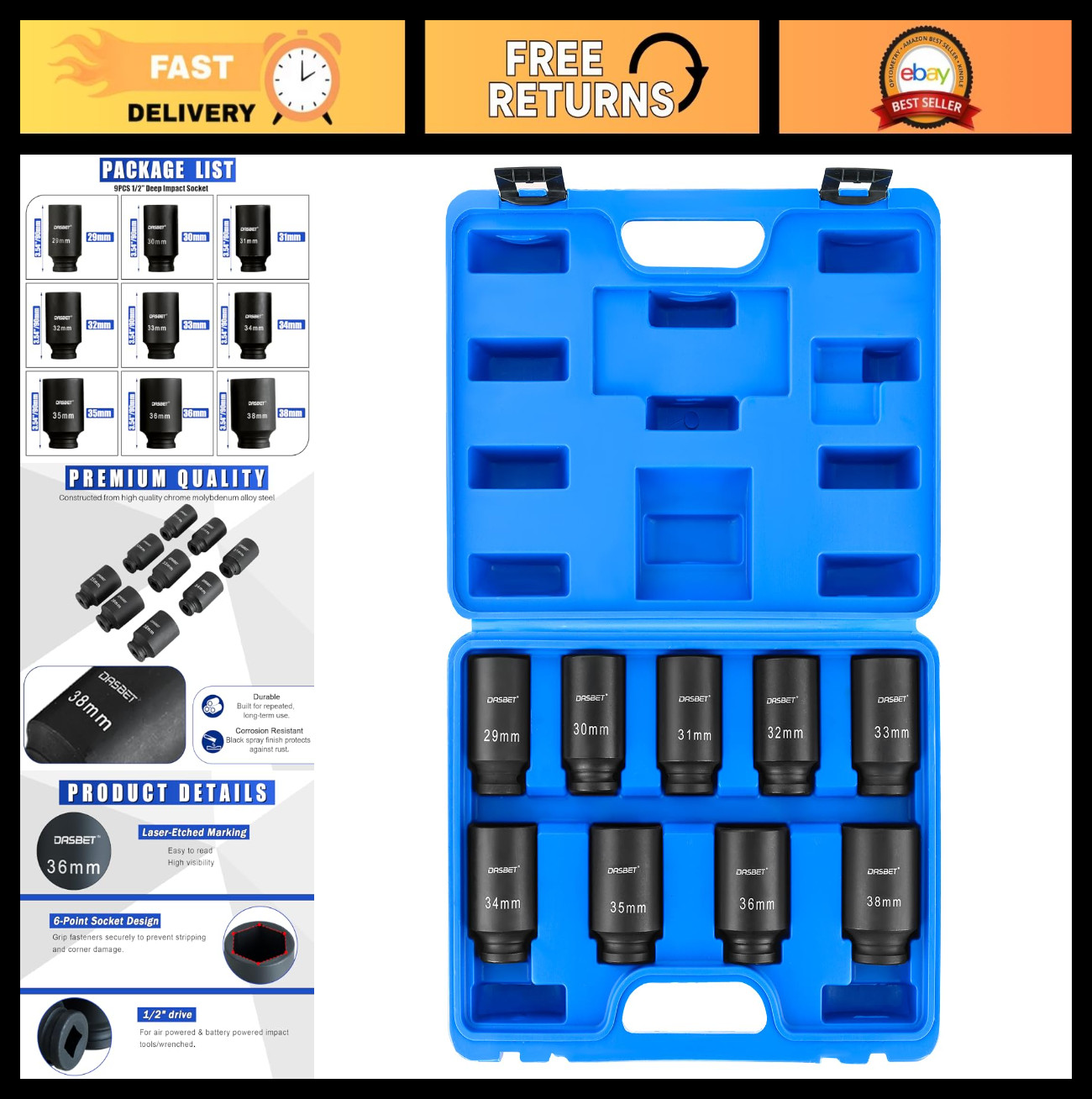 9PCS 1/2″ Drive Deep Impact Socket Set | 6 Point Metric 29-38mm Hub Nut Sockets