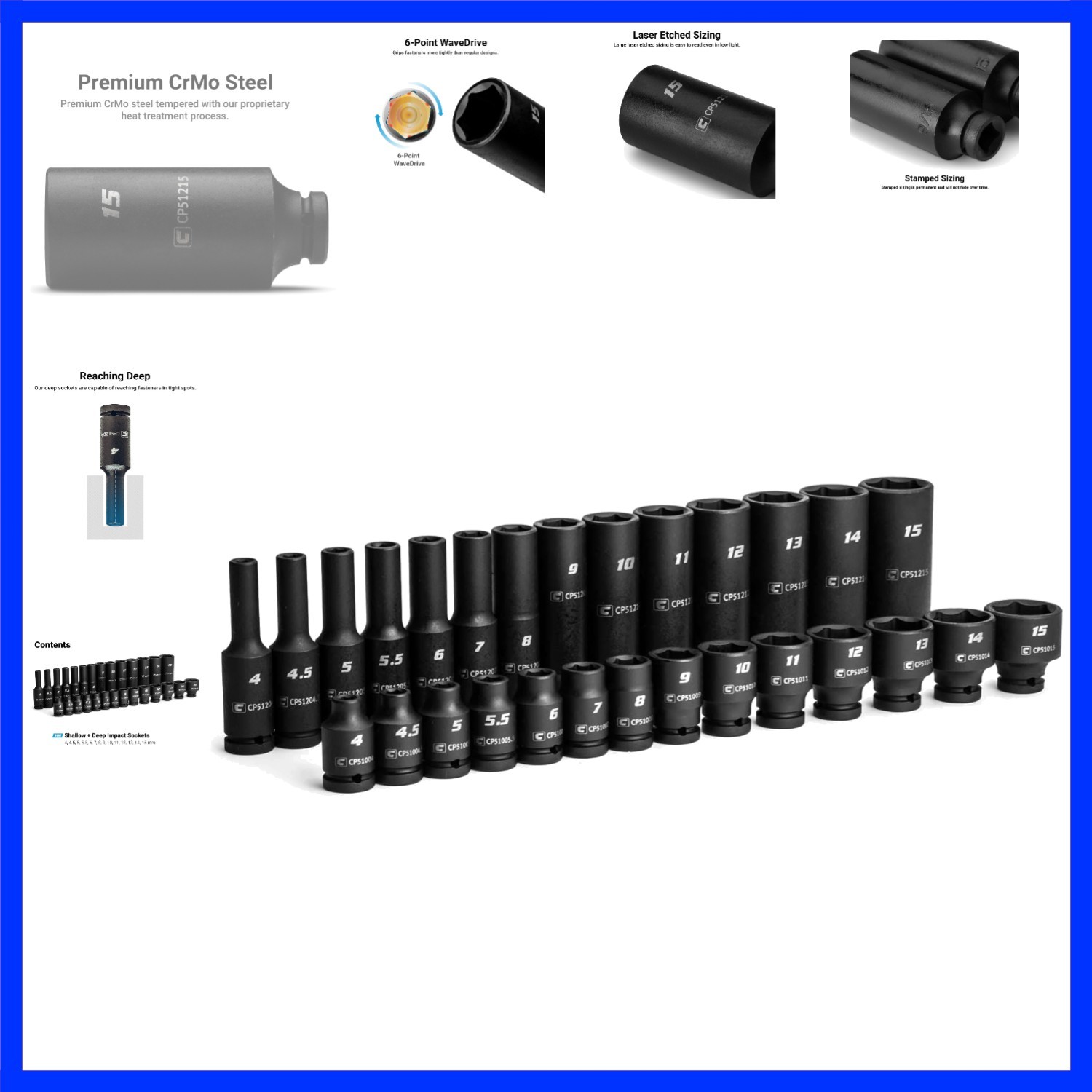1/4-Inch Drive Master Impact Socket Set Shallow & Deep Set / 4-15 mm
