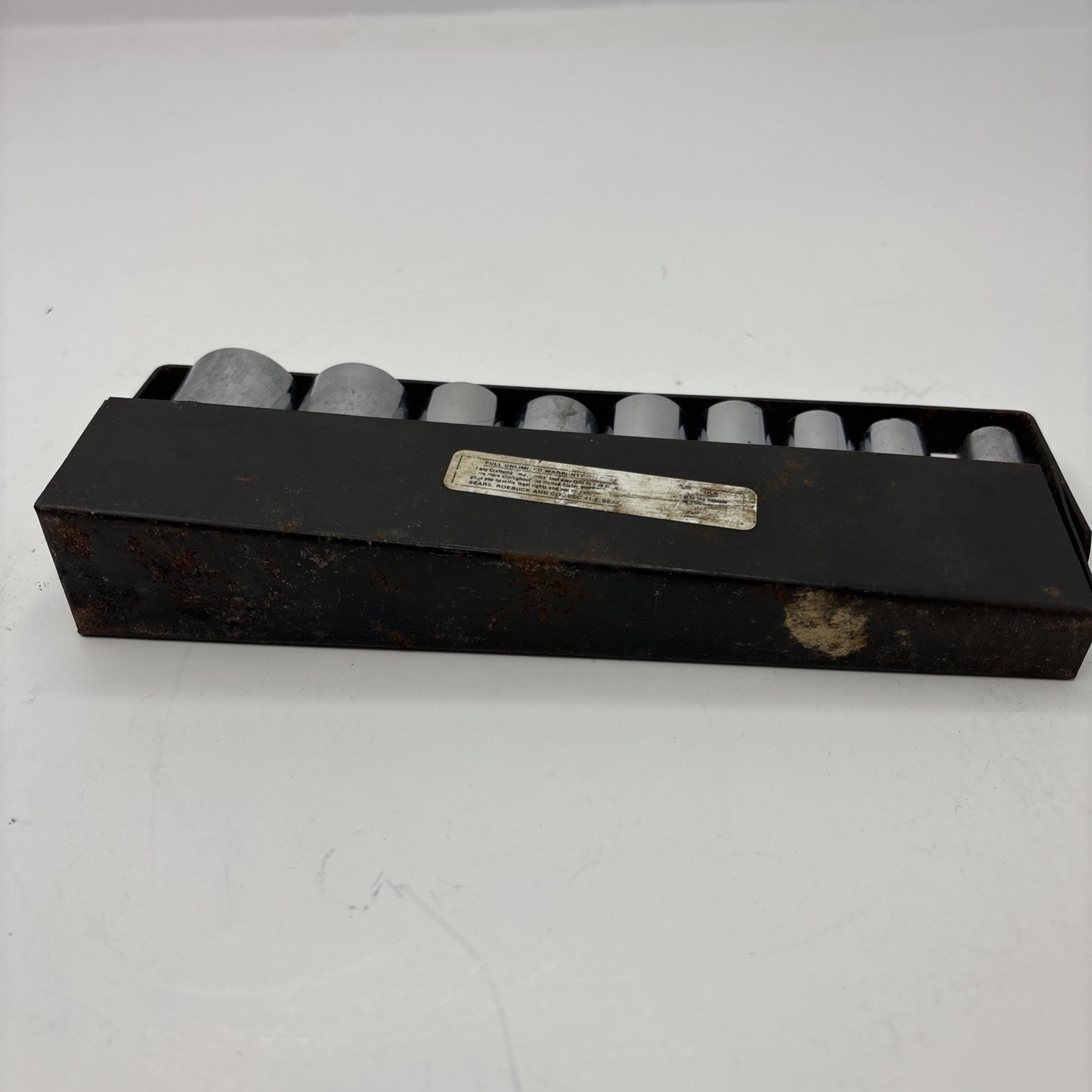 Vtg Craftsman 3/8″ Drive SAE 9 pc Deep Well Socket Set 6 pt. W/ Metal Tray USA
