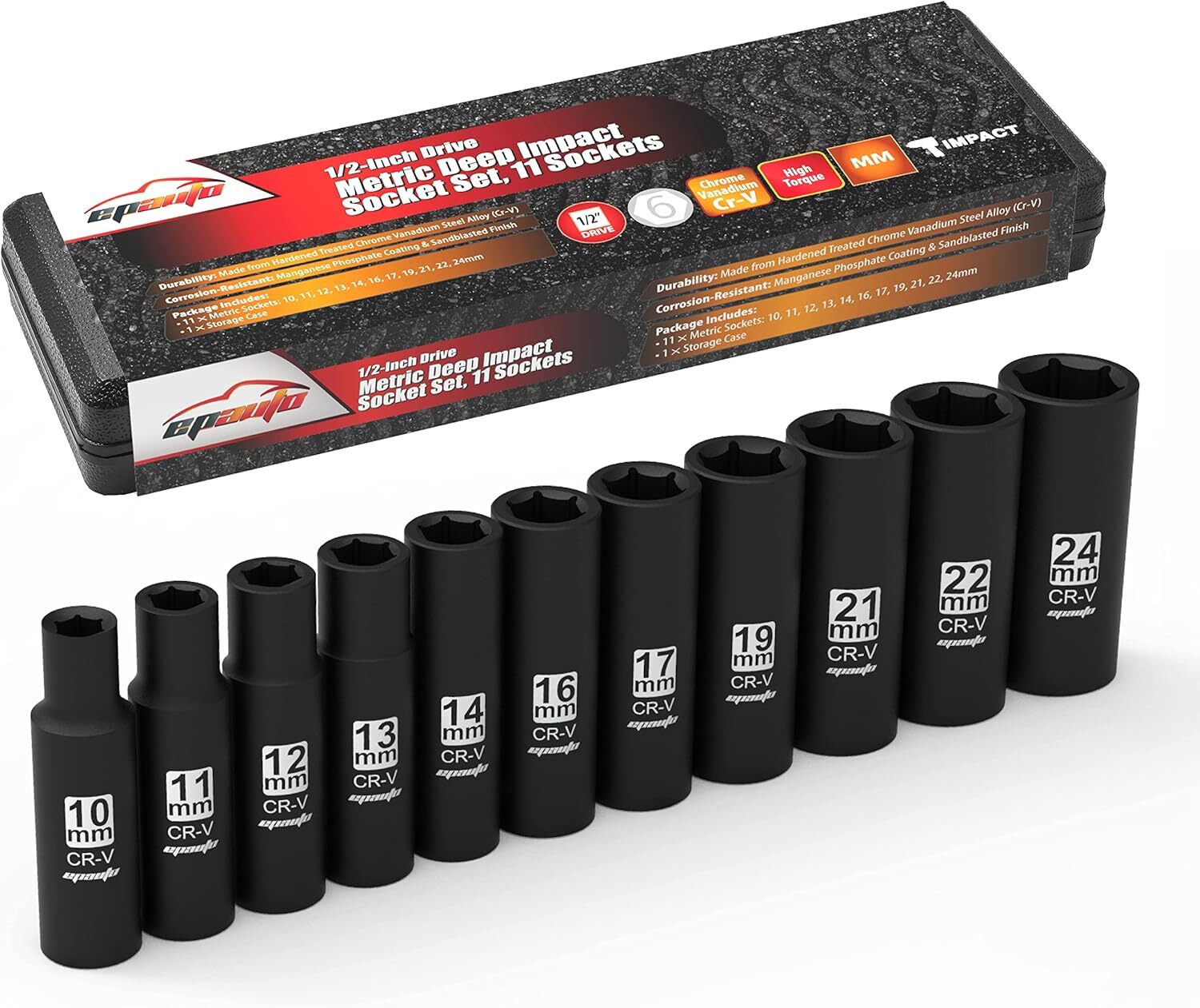 1/2-Inch Drive Metric Deep Impact Socket Set, Cr-V, 6 Points, 11 Sockets
