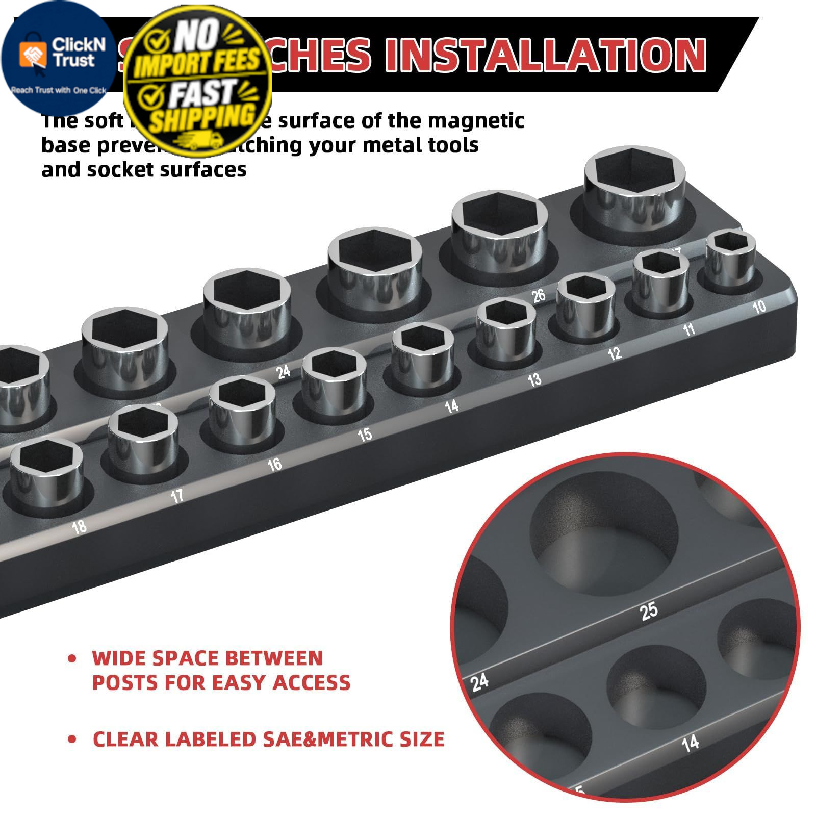 Magnetic Socket Organizer Holder Set – 3-Piece Tool Organizers Black