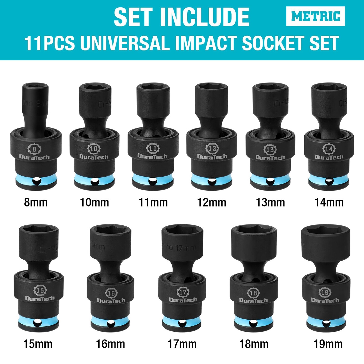 DURATECH 3/8″ Dr Swivel Socket Set 11PCS Shallow Universal Impact Sockets 8-19mm