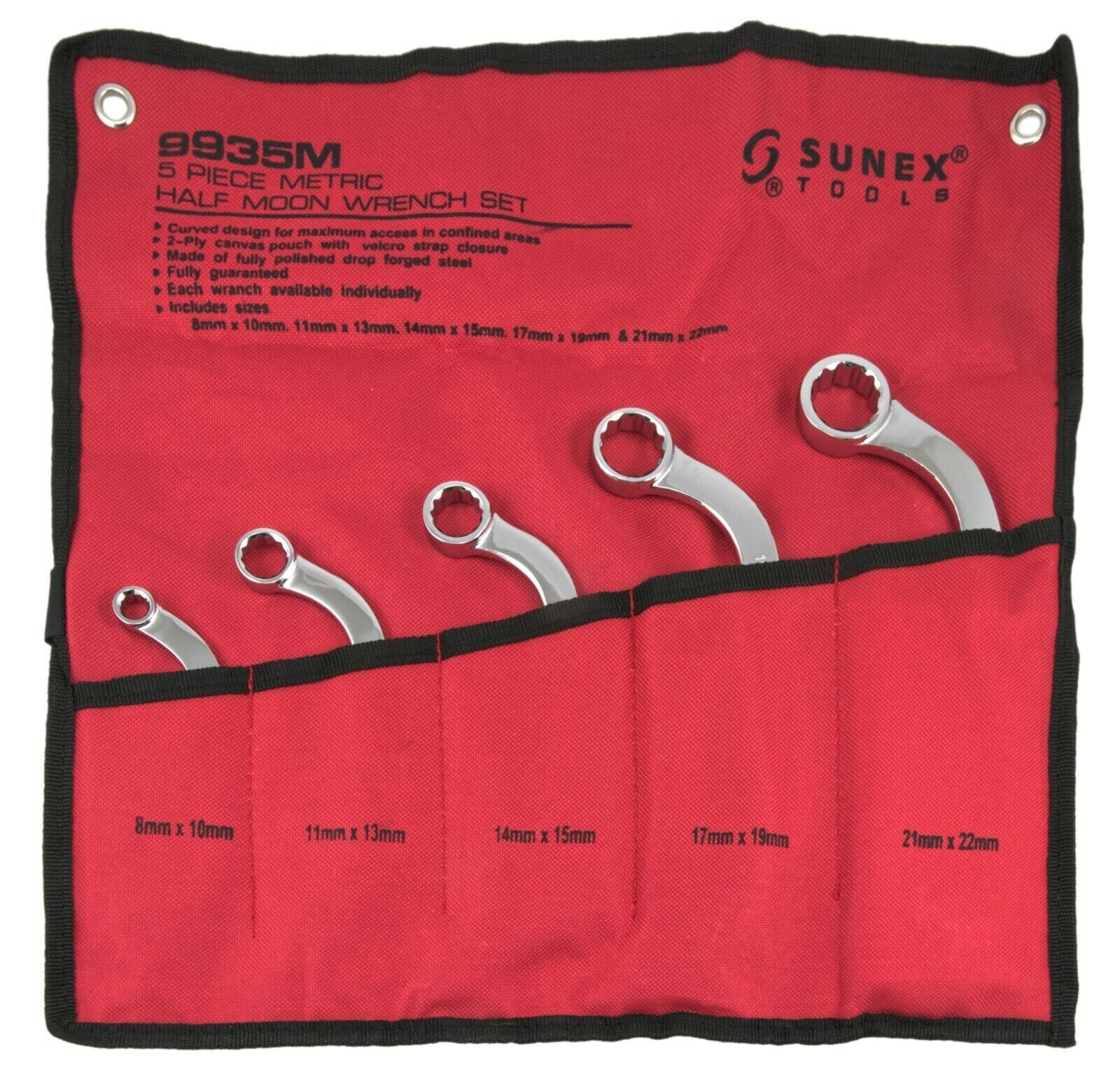 Sunex Tools 9935M – 5 PC Metric Half Moon Wrench Set 8mm – 22mm – Storage Pouch