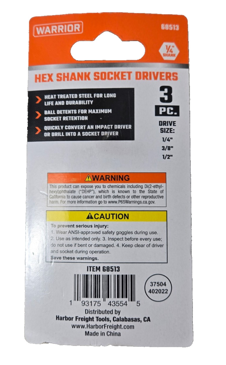 Warrior Hex Shank Socket Drivers for Drills/Impacts – 3-piece – 1/4″, 3/8″, 1/2″