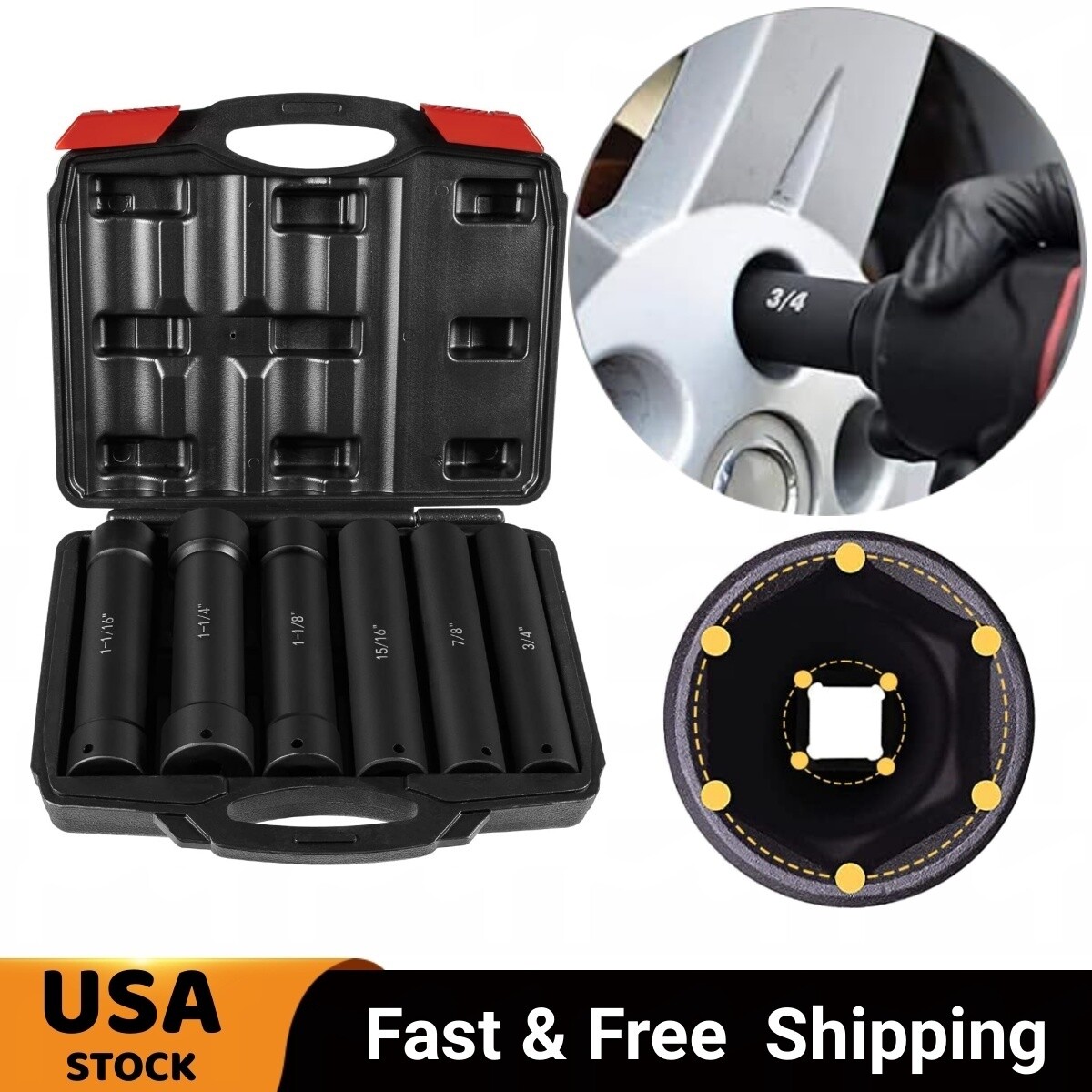 1/2 Inch Drive Extended Length Impact Socket Set 6 Sizes Heavy Duty with Case
