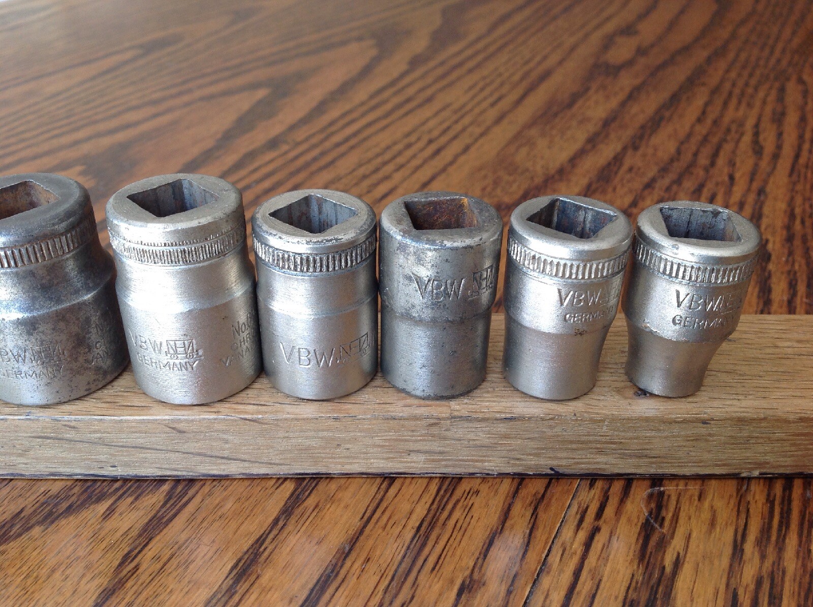 9 Vintage VBW German AF Sockets With 1/2″ Drive 1-1/4″ To 7/16″AF.